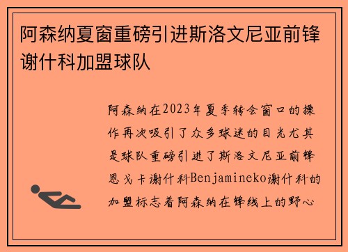 阿森纳夏窗重磅引进斯洛文尼亚前锋谢什科加盟球队 阿森纳夏窗重磅引进斯洛文尼亚前锋谢什科加盟球队
