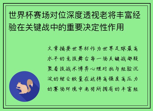 世界杯赛场对位深度透视老将丰富经验在关键战中的重要决定性作用 世界杯赛场对位深度透视老将丰富经验在关键战中的重要决定性作用